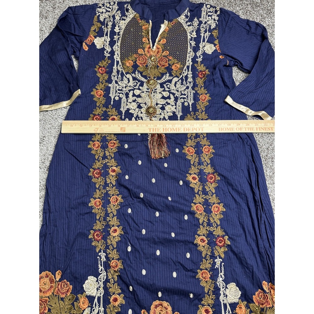 Embroidered Kurta Dress Womens Medium Blue Floral‎ Shalwar Kameez Tassel Ethnic - Picture 14 of 16